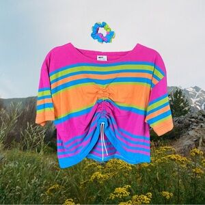 Pink and Blue Striped Ruched Drawstring Crop and Scrunchie Set